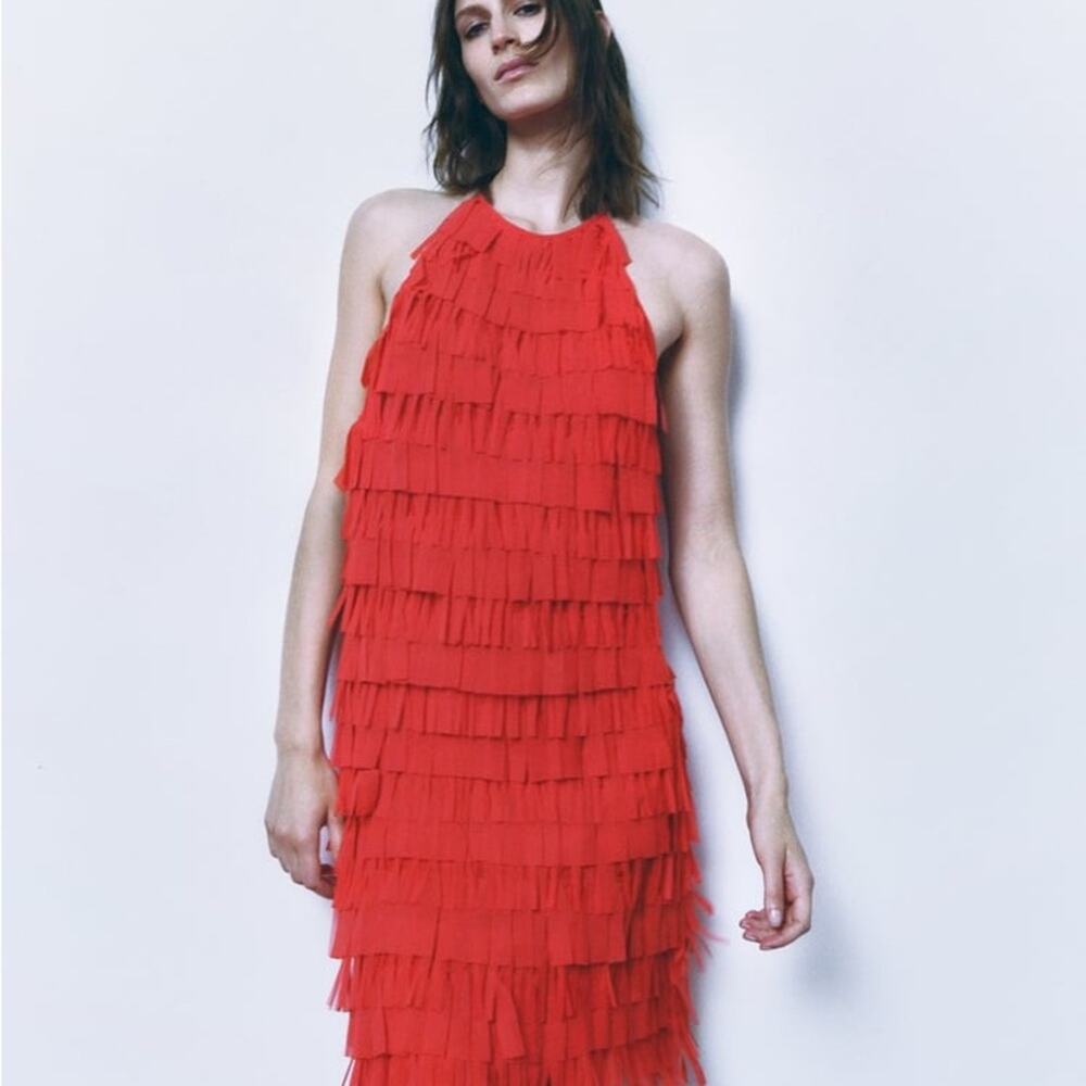 ZARA BLOGGER FAVORITE FRINGED TULLE HALTER DRESS - Picture 6 of 13